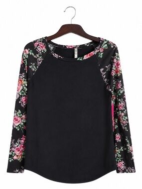 Goo Yoo Black Tunic Top Floral Sleeves Women’s Medium Long Sleeve Tee